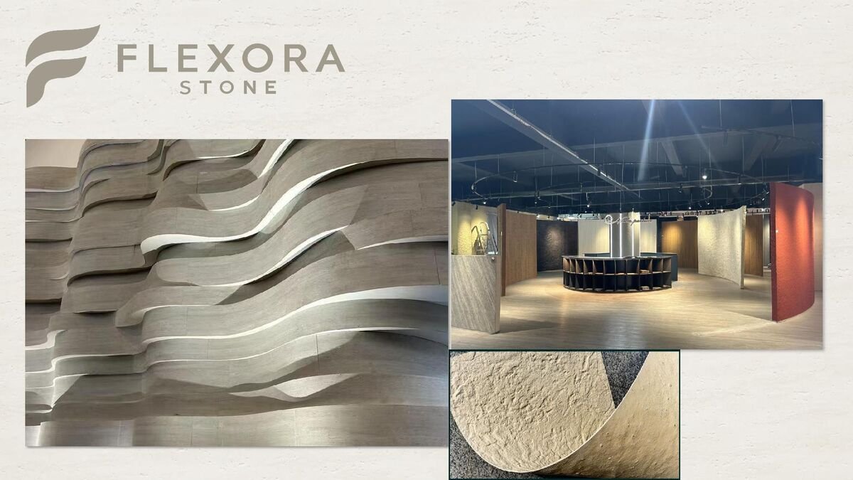 Flexora Stone 2026 ürün kataloğu kapağı: kavisli doğal esnek taş duvar ve showroom